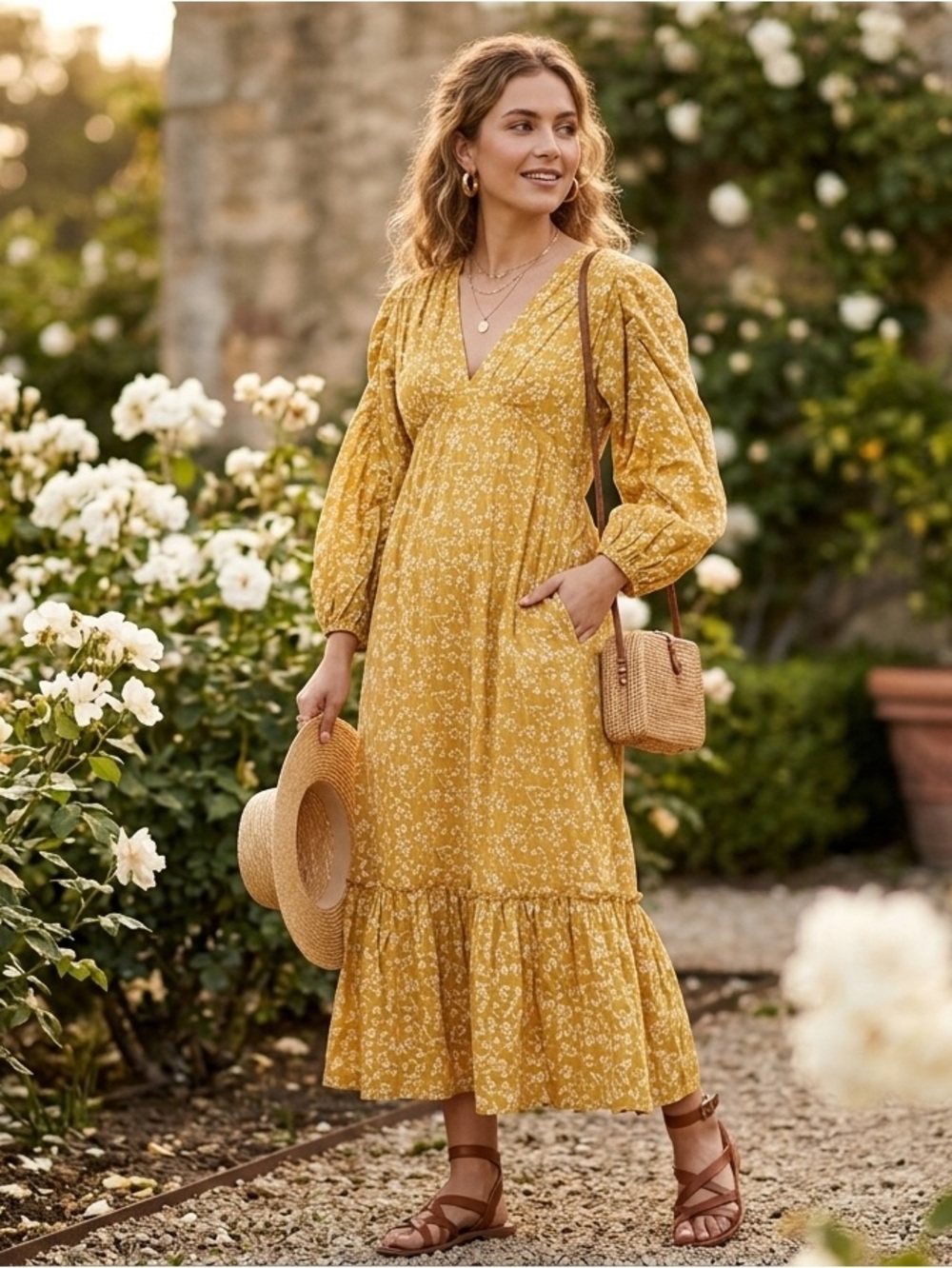 Cleobella /Floral Midi Dress - Sz S Mustard Yellow Long Sleeve - NWT Sample